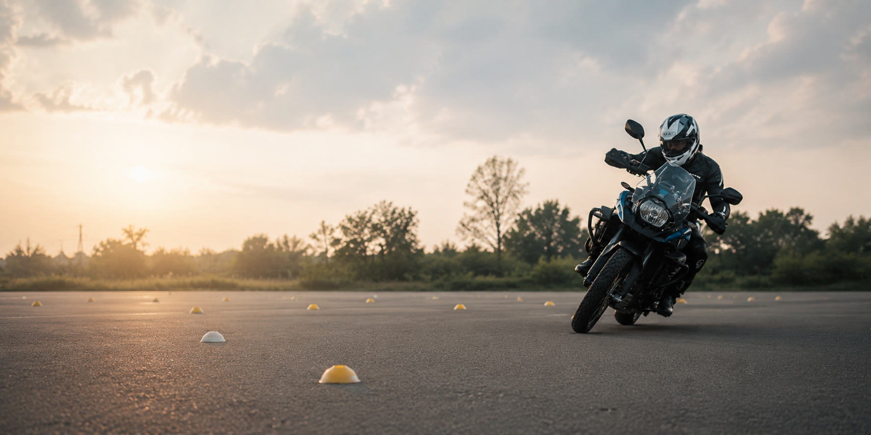Motorradfahrer im Fahrsicherheitstraining bei Sonnenuntergang