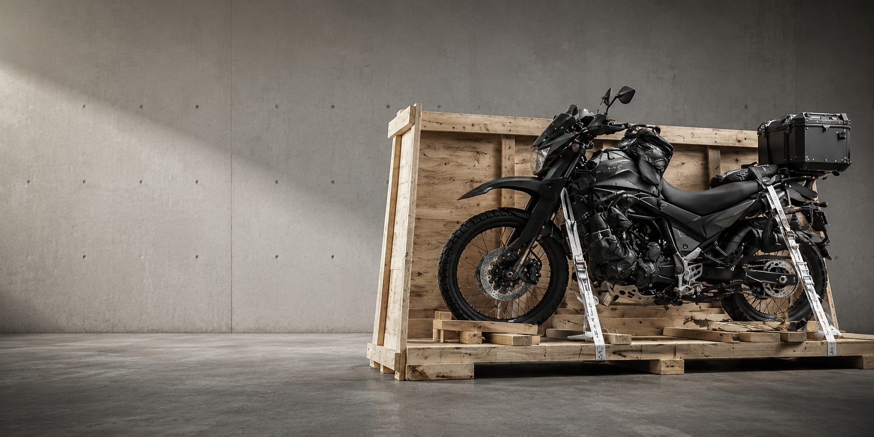Adventure-Motorrad transportsicher verzurrt in einer Holz-Seefrachtkiste